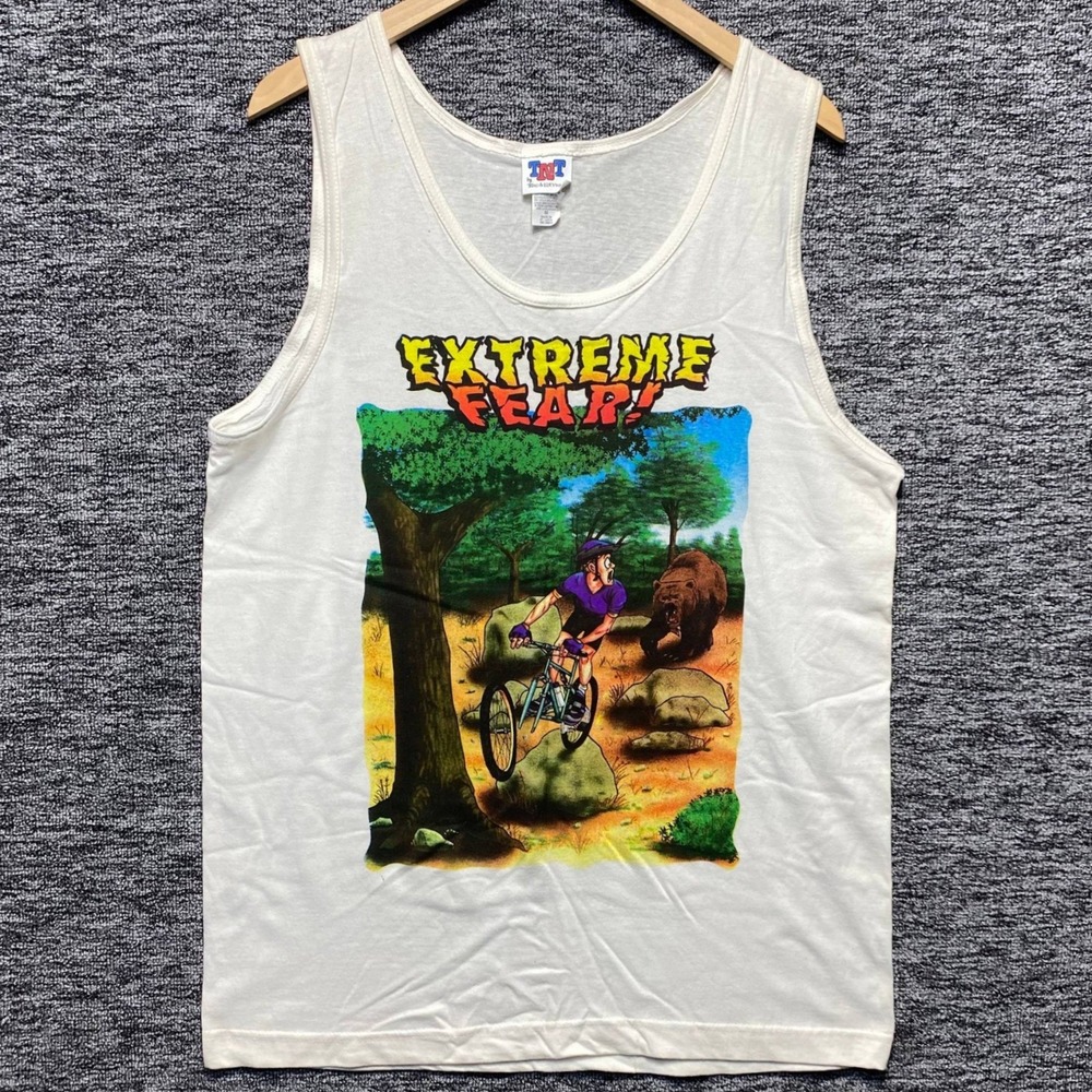VTG Extreme Fear Graphic Tank Top Mens Medium White Mountain Bike Bear 90s TNT